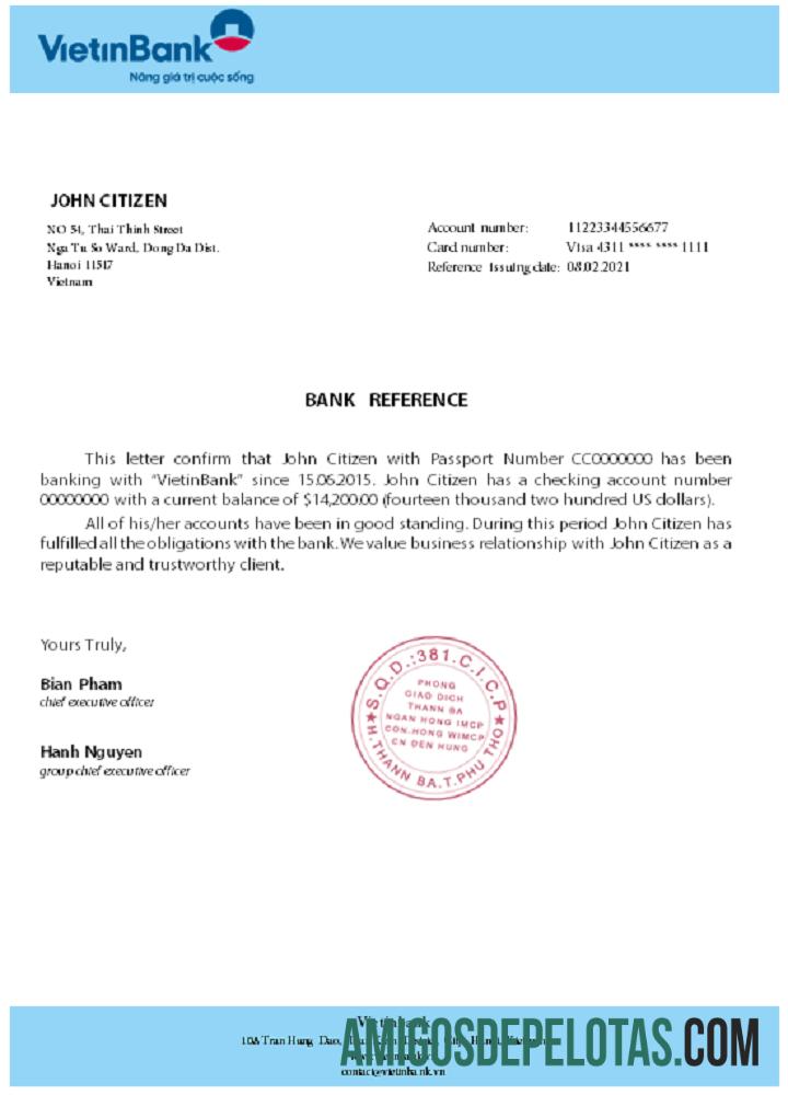 Referência do Vietinbank do Vietnã baixar para verificação